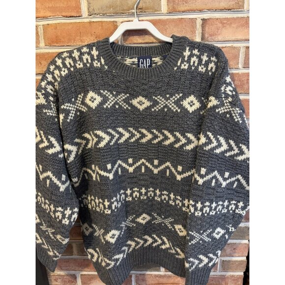 Vtg GAP Knit Wool Sweater Mens Large Gray White Geometric Pattern Y2K - Picture 1 of 8